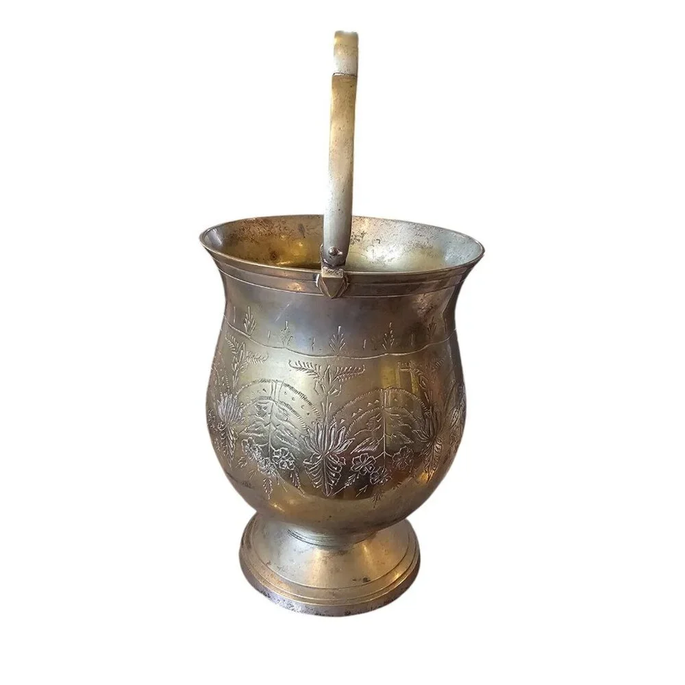 Vintage Etched Silver Plated Deco Bowl Vase With Handle Floral Design Art Nouvea